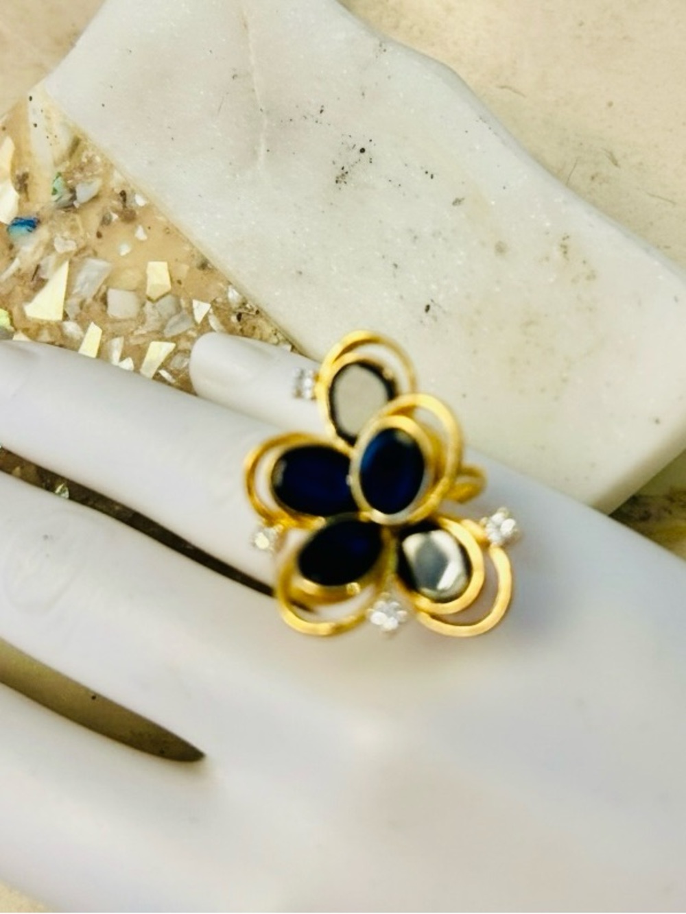 Vintage Flower Rhinestone &Faux Black Onyx Ring 18K  plated HGE, Ring 5.5/6